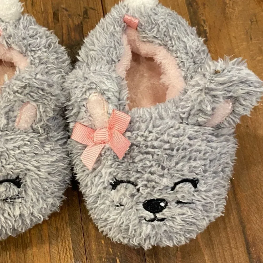 Fuzzy Bunny Slippers Gray Pink Accents Toddler Size 6